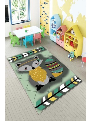 TeknoKapsül Pelangi Gri Rakun Desenli Yıkanabilir Kaymaz Taban Leke Tutmazbebek ve Çocuk Odası Halısı, Gri-Yeşil 160 x 350, 901357147160350
