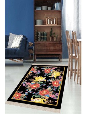 TeknoKapsül Pelangi Çiçek Desenli Dijital Baskı Yıkanabilir Kaymaz Taban Modern Salon Halısı ve Yolluk, Siyah 180 x 300