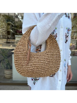 Nes Design Camel Fermuarlı Hasır Çanta