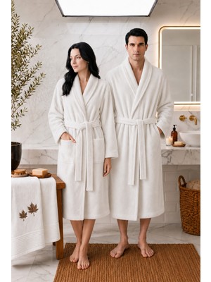Luna Sacra Unisex Nakışlı Işlemeli Şal Yaka Yetişkin Bornoz - Saç Havlu Set / Çeyiz Seti