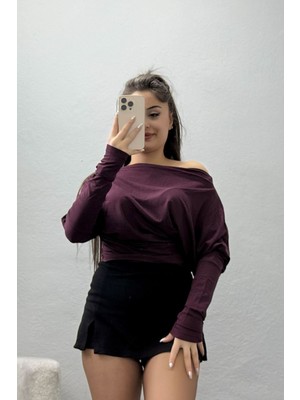 Belendir Kadın Omuz Düşümlü Asimetrik Bluz Mürdüm