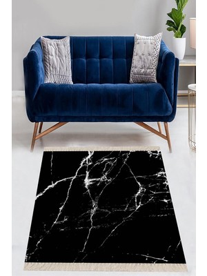 TeknoKapsül Pelangi Mermer Desenli Dijital Baskı Yıkanabilir Kaymaz Taban Modern Salon Halısı ve Yolluk, Siyah 180 x 280