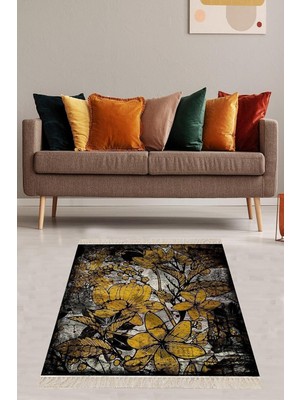 TeknoKapsül Pelangi Çiçek Desenli Renk Geçişli Dijital Baskı Yıkanabilir Kaymaz Taban Vintage Salon Halı ve Yolluk, Siyah-Sarı 160 x 350