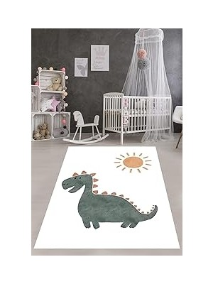 TeknoKapsül Pelangi Bohem Iskandinav Güneş ve Dinozor Desen Yıkanabilir Kaymaz Taban Leke Tutmaz Çocuk Odası Halısı, Beyaz-Yeşil-Kahverengi 180 x 300, 7642013318030005