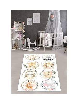 TeknoKapsül Pelangi Ormandaki Hayvanlar Fil Zebra Maymun Yıkanabilir Kaymaz Taban Leke Tutmaz Çocuk Odası Halısık, Beyaz-Kırmızı 100 x 600, 76420071006001