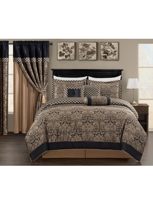 TeknoKapsül Chezmoi Collection 7 Parça Siyah/altın Pırlanta Çiçekli Madalyon Jakarlı Dokuma Yorgan Seti, Kraliçe