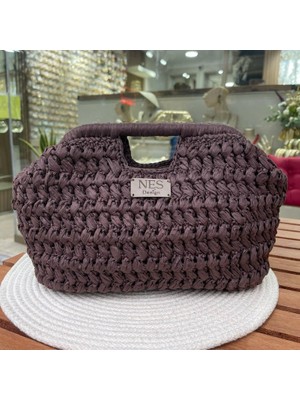 Nes Design Kahverengi Rafya Ip Burslu Clutch Çanta