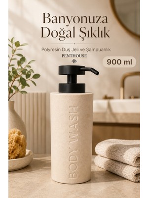 Penthouse 900 ml Polyresin Duş Jeli ve Şampuanlık Body Wash Yazılı Pompalı Banyo Sabunluğu Bej