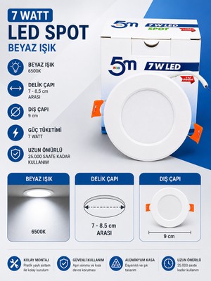 Dila’s Home 7 Watt Beyaz LED Spot, Güçlü Işıklı LED
