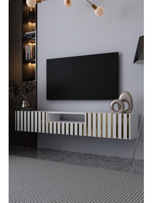 Dekortis Home Dekor 180DHDTDAÇ6BA Aden Duvara Monte Pleksi Desenli Tv Sehpası Beyaz-Altın