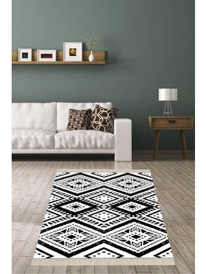 TeknoKapsül On The Clouds Geometrik Karo Desen Siyah Beyaz Dijital Baskı Yıkanabilir Kaymaz Taban Modern Salon Halı ve Yolluk BLT-S-234, 160 x 350