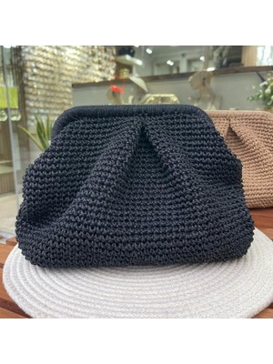 Nes Design Siyah Kağıt Ip Pileli Burslu Clutch Çanta