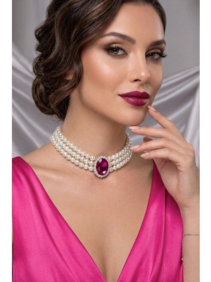 BB Bridal Boutique Oval Taşlı Cam Incili Choker Kolye, Tasma Kolye, Gümüş Kaplama Tasarım Kolye, Şık Kolye, Kolye