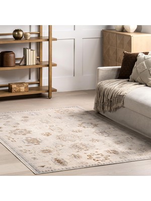 TeknoKapsül Nuloom Krystin Makinede Yıkanabilir Eskitilmiş Vurgulu Halı, 5,7 cm x 7,7 Cm, Bej