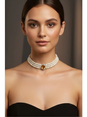 BB Bridal Boutique Oval Taşlı Cam Incili Choker Kolye, Tasma Kolye, Gümüş Kaplama Tasarım Kolye, Şık Kolye, Kolye