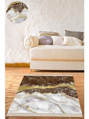 TeknoKapsül Pelangi Mermer Desenli Gold Şeritli Dijital Baskı Yıkanabilir Kaymaz Taban Modern Salon Halısı, Kahverengi 180 x 300, 42542331803001728