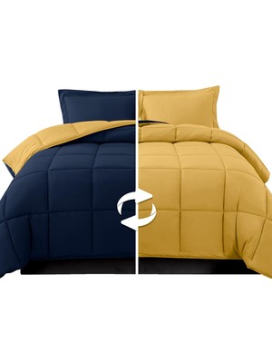 TeknoKapsül Elegant Comfort 3 Parça Ters Çevrilebilir Yorgan Seti, Dört Mevsim Rahat, Yumuşak Kuş Tüyü Alternatif, Kapitone - Kutu Dikişli - 4 Köşe Sekmeli Nevresim Takımı, Süslü Yorgan, Kral, Lacivert/sarı