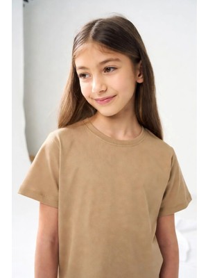 Kiagu Bej Kısa Kol Basic T-Shirt- Terletmeyen Esnek Kumaş Pamuklu Mevsimlik Bej Kısakol Kız Çocuk Tsort
