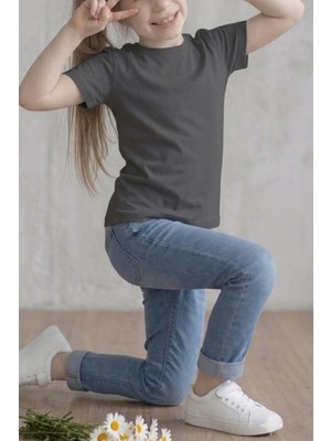 Kiagu Antrasit Kısa Kol Basic T-Shirt- Terletmeyen Esnek Kumaş Pamuklu Mevsimlik Antrasit Kısakol Kız Çocuk Tsort