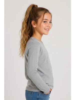Kiagu Gri Basic Uzun Kol T-Shirt- Terletmeyen Esnek Kumaş Pamuklu Mevsimlik Gri Uzunkol Kız Çocuk Tsort