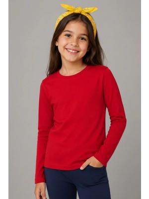 Kiagu T-Shirt Uzun Kol Kırmızı Basic Tsort - Terletmeyen Esnek Kumaş Pamuklu Mevsimlik Kırmızı Kız Çocuk T-Shirt