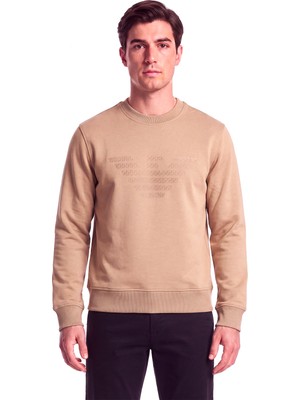 Emporio Armani Erkek Büyük Kadife Logo Detaylı Pamuklu Çift Jarse Kumaşlı Uzun Kollu Bej Sweatshirt EM006841 AF10013-M6535