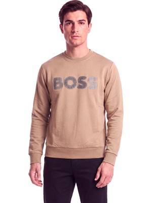 Boss Erkek Normal Kalıp Logo Baskılı Yuvarlak Yakalı Pamuklu Uzun Kollu Bej T-Shirt 50565651-260