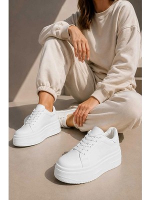 Slipcat Kadın 5 cm Topuklu, Kalın Platform Tabanlı, Şık, Bağcıklı Sneaker