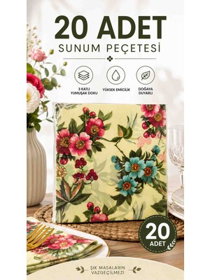 Kea Ev Eşyaları 20 Adet Sunum Peçetesi 17X17 cm Çiçek Desenli Renkli Masa Peçetesi Dekoratif Peçete