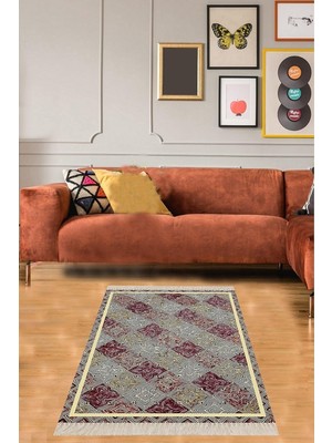 TeknoKapsül Pelangi Geometrik Karo Desenli Dijital Baskı Yıkanabilir Kaymaz Taban Modern Salon Halısı ve Yolluk, Gri-Bordo 180 x 280