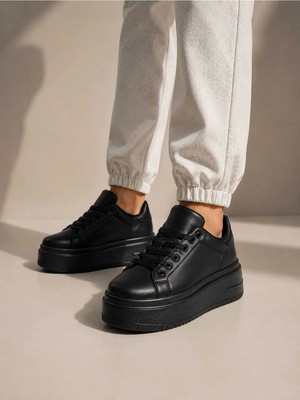 Slipcat Kadın 5 cm Topuklu, Kalın Platform Tabanlı, Şık, Bağcıklı Sneaker