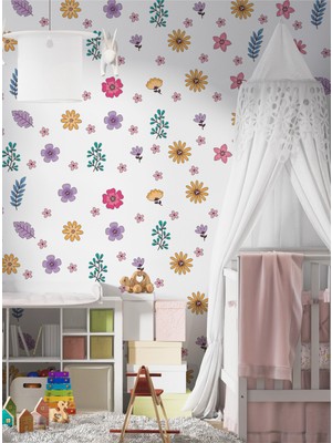 S Digital Renkli Çiçek Desenli Duvar Sticker Seti – 120X120 cm – Çocuk & Bebek Odası Dekoru - Kendinden Yapışkanlı Mat Pvc Folyo