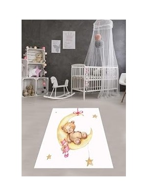 TeknoKapsül Pelangi Ayda Sallanan Ayıcık Desen Renkli Dijital Baskı Yıkanabilir Kaymaz Taban Bebek ve Çocuk Odası Halısı, Beyaz-Bal 180 x 280