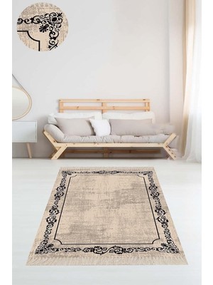 TeknoKapsül Pelangi Osmanlı Motif Çerçeveli Dijital Baskı Yıkanabilir Kaymaz Taban Düz Salon Halı ve Yolluk, Bej 180 x 300