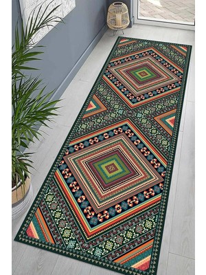 TeknoKapsül Pelangi Kilim Desenli Dijital Baskı Yıkanabilir Kaymaz Taban Etnik Salon Halısı ve Yolluk, Yeşil 100 x 600, 95541701006007
