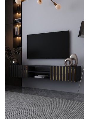 Dekortis Home Dekor 180DHDTDAR6AA Aden Duvara Monte Pleksi Desenli Tv Sehpası Antrasit-Altın