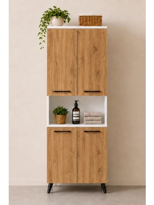 Reyo Enda Home Listra 4 Kapaklı Çok Amaçlı Dolap 170,8 Cm,  Raflı, Ayaklı Depolama Dolabı Atlantik Çam - Beyaz