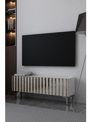Dekortis Home Dekor 120DHDTS6BTG Aden Pleksi Desenli Tv Sehpası Beyaz-Traverten-Gümüş