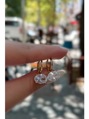 Erer Gümüş Gümüş Oval 4,5 Carat Taşlı Halka Küpe IS32E5