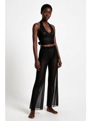 Aquella Siyah Tül Crop Top-Pantolon Takım
