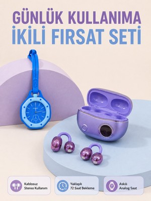 Şarj Kutulu Kablosuz Kulaklık ve Askılı Analog Charm Saat Kampanya Seti Mor Mavi