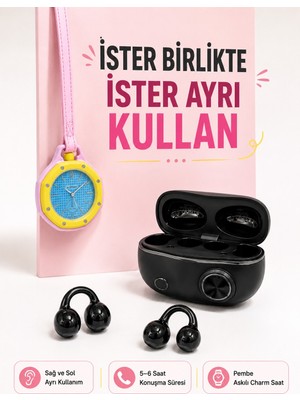 Kablosuz Kulaklık ve Pembe Askılı Çanta Charm Analog Saat Kampanya Seti