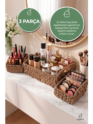 Evonita 3'lü Rattan Düzenleyici Sepet Seti Büyük Küçük Hasır Görünümlü Organizer Saklama Sepeti Dekoratif