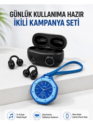 Kablosuz Kulaklık Mavi Çanta Aksesuar Saati Kampanyalı Müzik ve Günlük Kullanım Seti