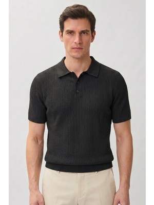 Allunique Siyah Polo Yaka Kısa Kollu Triko