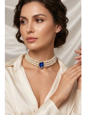 BB Bridal Boutique Oval Taşlı Cam Incili Choker Kolye, Tasma Kolye, Gold Kaplama Tasarım Kolye, Şık Kolye, Kolye