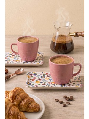 Pembe Keraart Springtime Doğaltaş 2 Kişilik Kahve Sunum Seti - 4 Parça