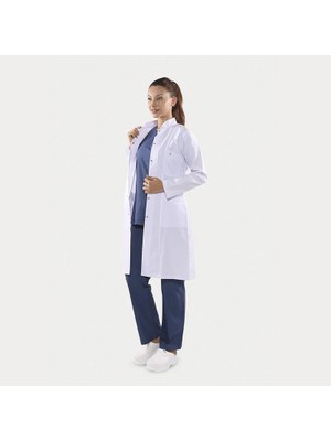 Uzun Boy Alpaka Uzman Doktor Önlüğü | Hakim Yaka Uzun Kol Çıtçıtlı Beyaz Bayan Hekim Önlüğü
