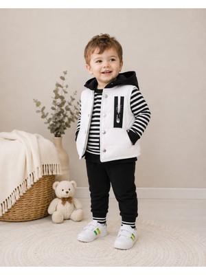 Hippıl Baby Beyaz Yelekli Kapüşonlu Çizgili Sweat Eşofman 3 Lü Takım 2-3-4 Yaş