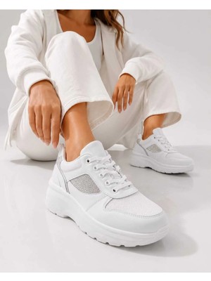 Slipcat Kadın Parıltılı, 6 cm Yükseltilmiş Tabanlı, Bağcıklı, Günlük Kullanım Sneakers